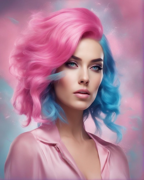 La imagen de la modelo Tinted Brilliance brilla con cabello rosa y azul cielo en acuarela