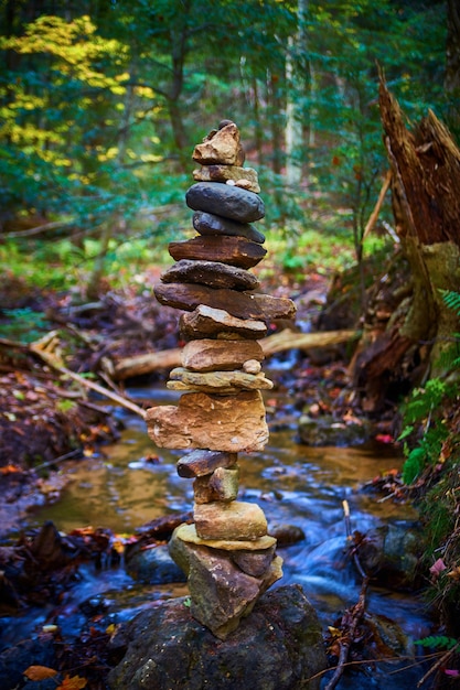 Imagen de mojón de roca con un río y un árbol caído en el bosque detrás de él