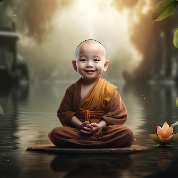 una imagen de un monje sentado en el agua con una flor de loto al fondo.