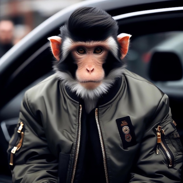 Foto imagen de un mono con una chaqueta de bombardero creada por la ia