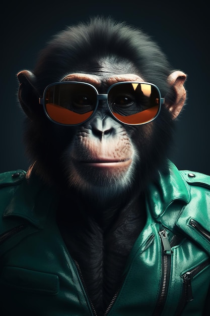 Imagen de un mono genial con estilo que usa gafas de sol como moda y usa una chaqueta de cuero Moda moderna Ilustración de animales IA generativa