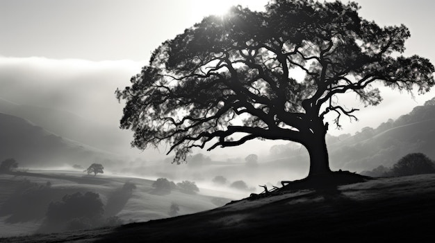 Imagen monocroma de un enorme roble en una ladera brumosa de California al amanecer el concepto de silueta