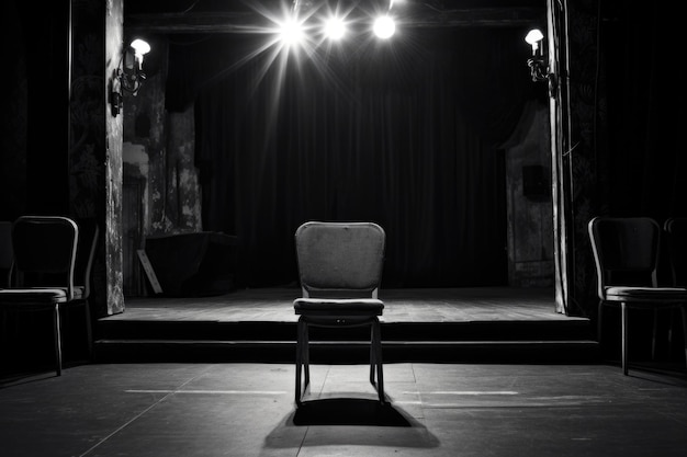 Imagen monocroma de un escenario de teatro con una silla vacía