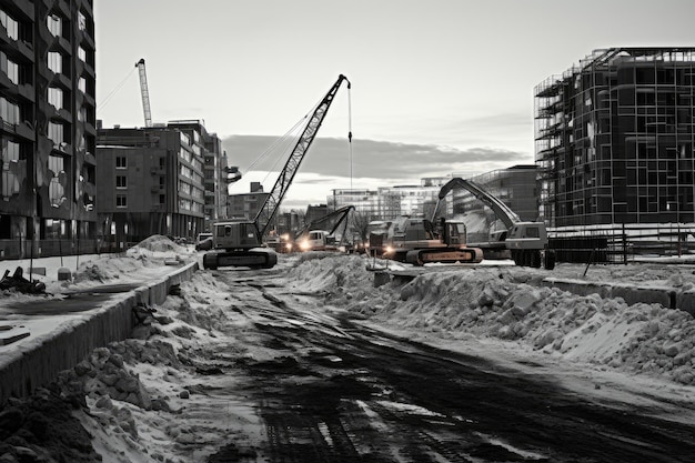 Foto imagen monocromática de un sitio de construcción sitio de construcción en blanco y negro generada por ia
