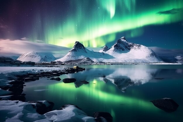 una imagen de una montaña con la aurora boreal por encima