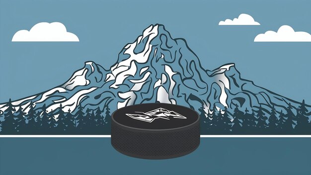 Una imagen de una montaña y un disco de hockey en primer plano