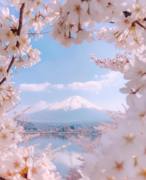 una imagen de una montaña con el fondo de flores de cerezo