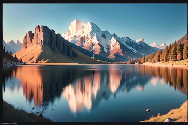 Una imagen de una montaña y un lago con montañas cubiertas de nieve en el fondo.