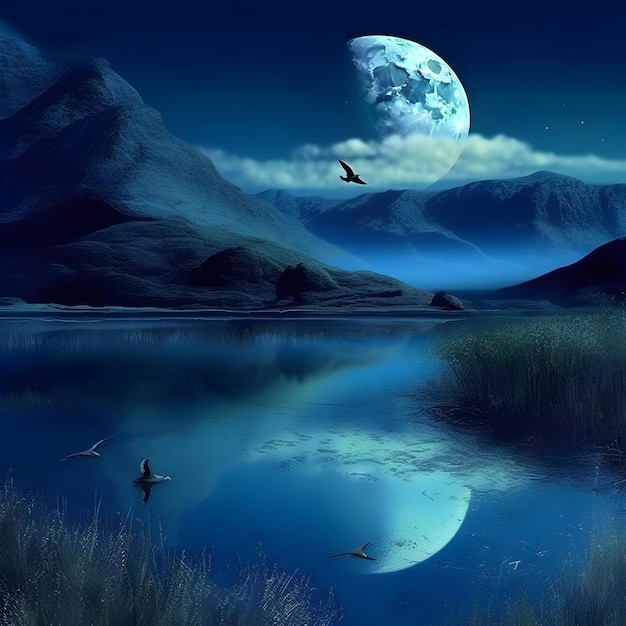 Una imagen de una montaña y una luna con la luna al fondo.