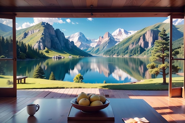 Una imagen de una montaña y una mesa con un tazón de frutas.