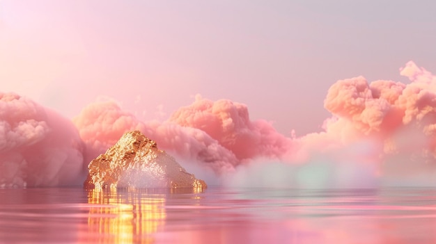 una imagen de una montaña con nubes rosas y púrpuras en el fondo