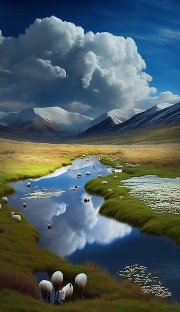 Una imagen de una montaña y un río con nubes y un cielo azul.