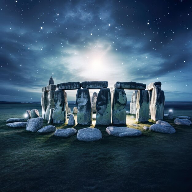 Foto imagen del monumento prehistórico de stonehenge con el fondo del cielo nocturno