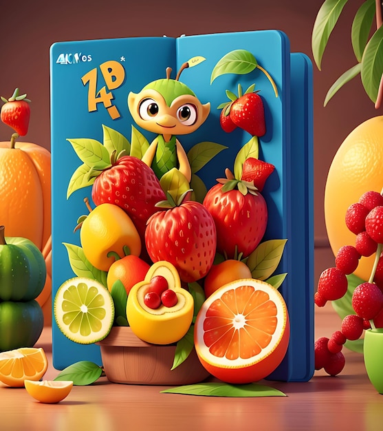 Imagen de muchas frutas y portada de libro infantil.