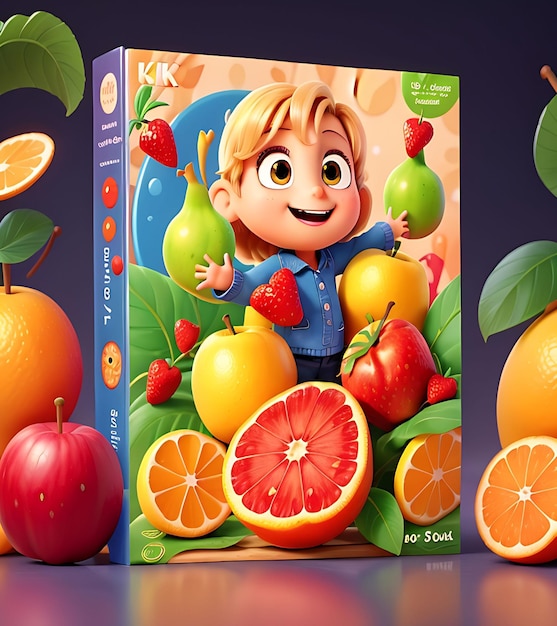 Imagen de muchas frutas y portada de libro infantil.