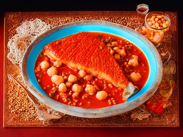 imagen de muchos pedazos de filete de pescado moshta en salsa roja con garbanzos en un gran lujoso