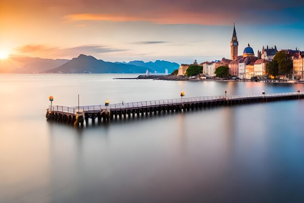 una imagen de un muelle con una puesta de sol en el fondo