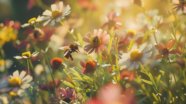 Foto esta imagen muestra a una abeja polinizando una flor. la abeja está rodeada de una variedad de flores, incluidas margaritas, zinnias y girasoles.