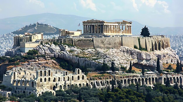 La imagen muestra las antiguas ruinas de la Acrópolis en Atenas, Grecia
