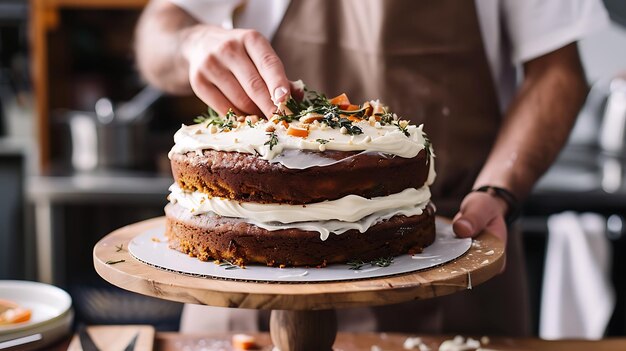 Esta imagen muestra a un asistente de chef decorando cuidadosamente un pastel de dos niveles con glaseado blanco y varios ingredientes