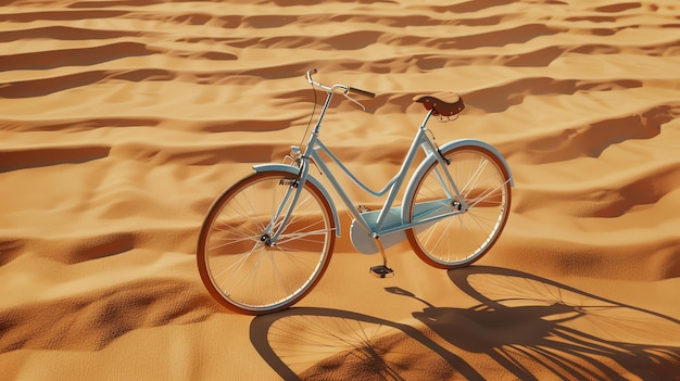 La imagen muestra una bicicleta antigua de pie en medio de un desierto de arena La bicicleta es azul y tiene una silla de montar marrón