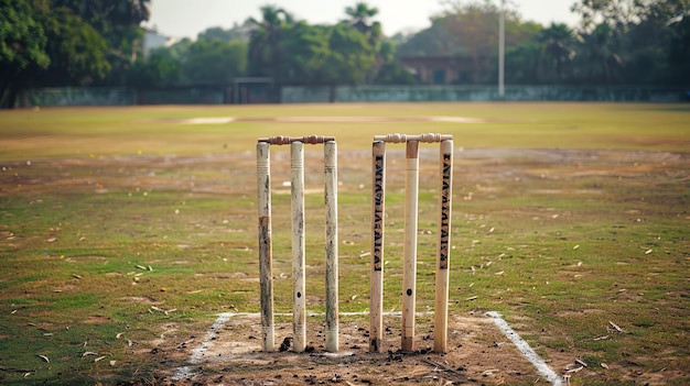 Foto esta imagen muestra un campo de cricket con un wicket el wicket está hecho de tres troncos de madera y dos bailes