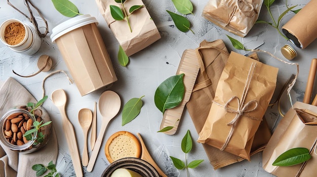 Foto la imagen muestra una capa plana de vajilla y vajilla de cocina desechables ecológicas hechas de materiales naturales como la madera y el papel