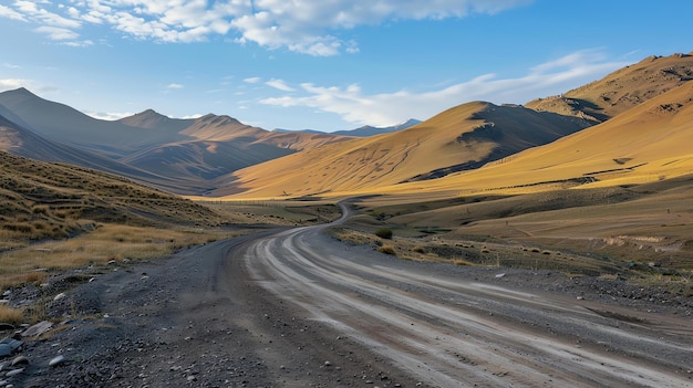 Foto la imagen muestra una carretera sinuosa a través de un hermoso paisaje montañoso con un cielo azul claro y nubes blancas