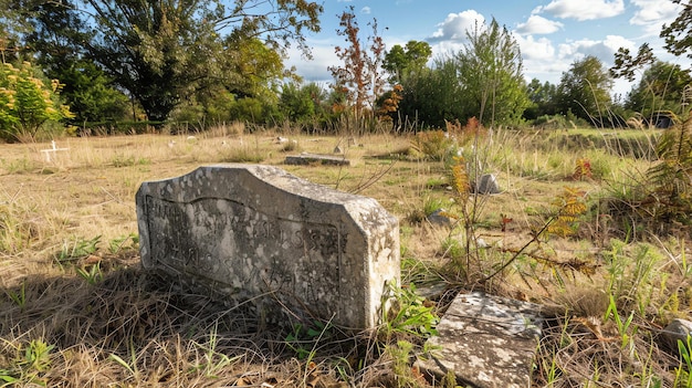 Esta imagen muestra un cementerio cubierto de vegetación con una gran lápida de mármol en primer plano. La lápida está rota e ilegible.