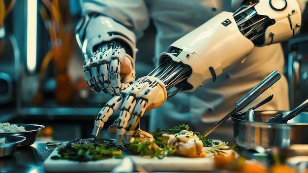 Foto la imagen muestra a un chef robótico preparando un plato en una cocina futurista