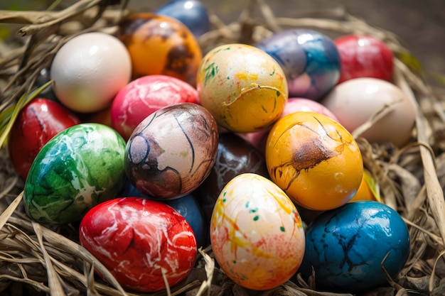 La imagen muestra una colección vibrante y colorida de huevos de Pascua dispuestos en una canasta tejida. creado con tecnología de IA generativa