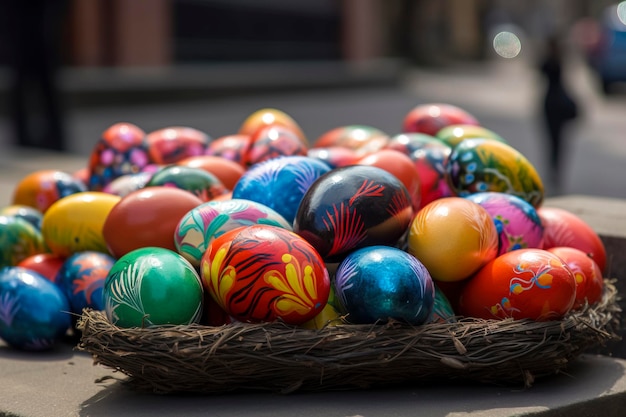 La imagen muestra una colección vibrante y colorida de huevos de Pascua dispuestos en una canasta tejida. creado con tecnología de IA generativa