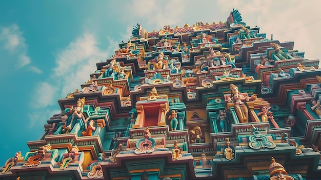 La imagen muestra un colorido e intrincado templo hindú con un cielo azul en el fondo