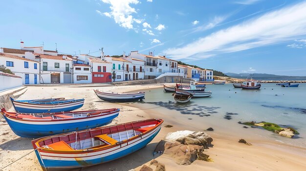 Foto la imagen muestra coloridos barcos de pesca en una playa de arena con casas encaladas en el fondo