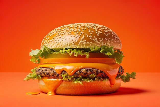 La imagen muestra una deliciosa hamburguesa gourmet de cerca con un fondo naranja