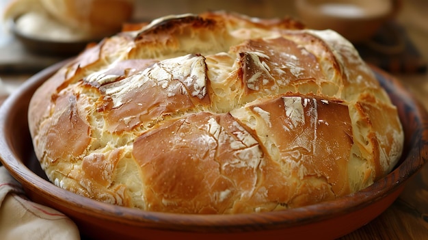 Esta imagen muestra un delicioso pan recién horneado en un cuenco de madera El pan es de color marrón dorado y tiene una corteza crujiente