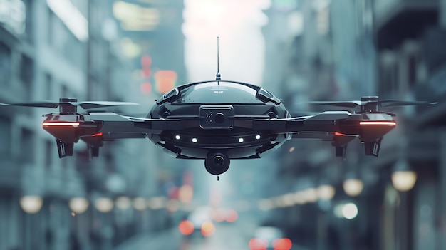 La imagen muestra un dron futurista negro volando en medio de una concurrida calle de la ciudad