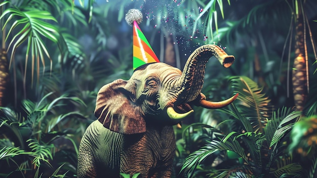 Esta imagen muestra a un elefante con un sombrero de fiesta en la selva