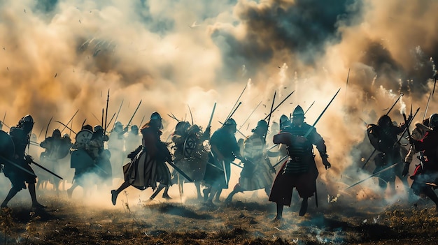 Foto la imagen muestra una escena de batalla medieval con caballeros a caballo y soldados a pie luchando en primer plano y un castillo en el fondo