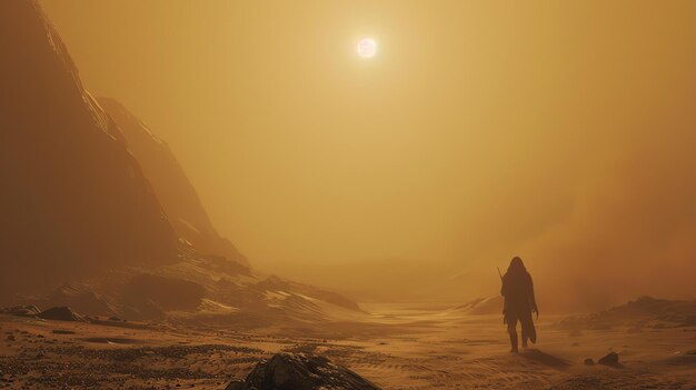 La imagen muestra una figura solitaria caminando a través de un vasto paisaje desértico La figura lleva una larga capa y lleva un bastón