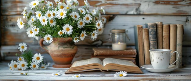 Foto la imagen muestra un generoso ramo de margaritas en una jarra de arcilla con un libro abierto y una taza de té hay un marco fotográfico y una vela puesta contra el fondo de tablas de madera blanca en un