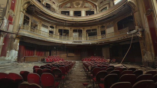 Esta imagen muestra un gran teatro antiguo en mal estado los asientos están polvorientos y desgastados el escenario está vacío y las paredes están agrietadas y descascaradas