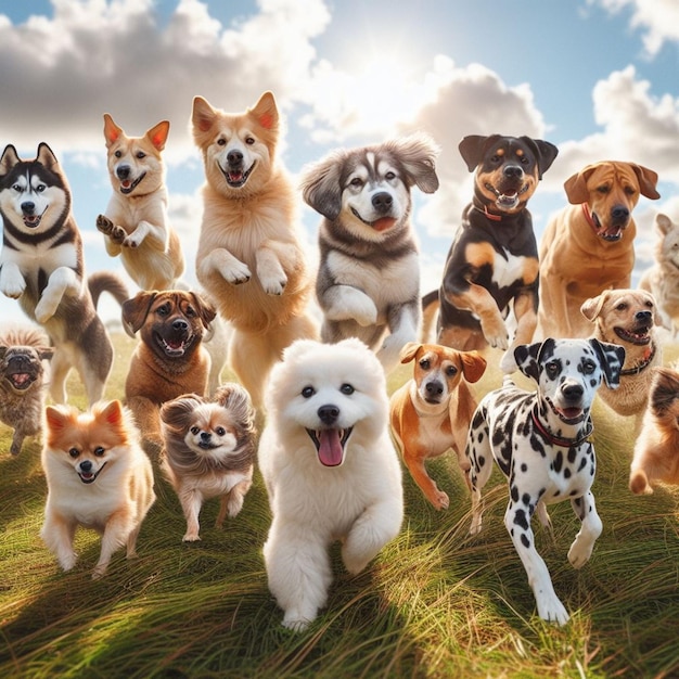 La imagen muestra un grupo de 14 perros de diferentes razas corriendo a través de un campo contra un telón de fondo de