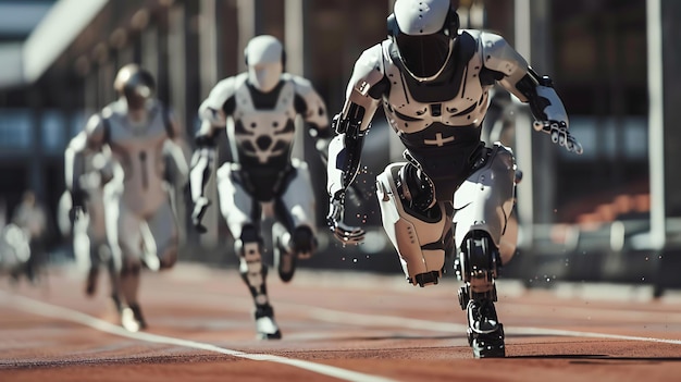 Foto la imagen muestra un grupo de cuatro robots corriendo una carrera en una pista los robots son todos blancos y tienen un diseño futurista