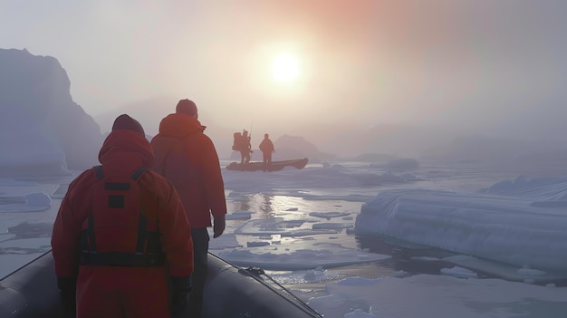 Foto la imagen muestra a un grupo de exploradores con chaquetas rojas caminando sobre un bloque de hielo en el ártico.