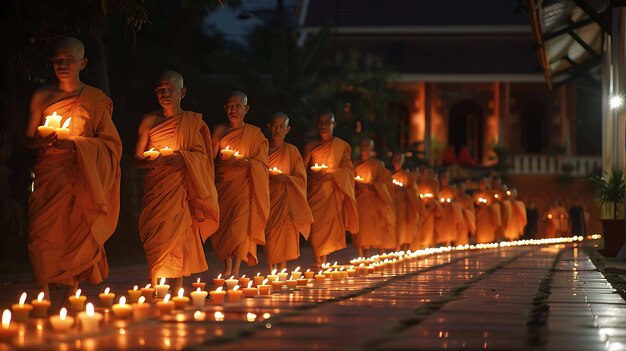 La imagen muestra a un grupo de monjes budistas caminando en fila por la noche