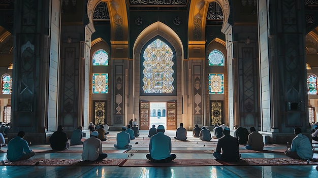 Foto la imagen muestra a un grupo de personas orando en una mezquita. la gente está con la cabeza inclinada en oración.