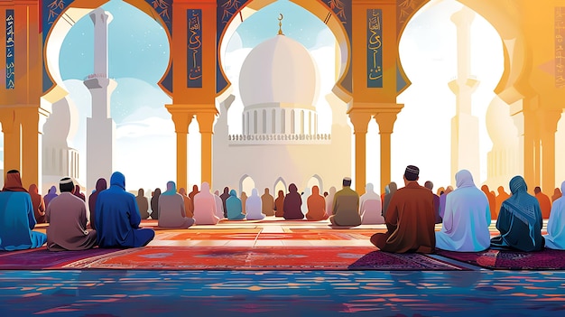 La imagen muestra a un grupo de personas orando en una mezquita. La gente está con la cabeza inclinada en oración.