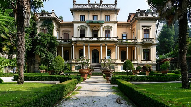 La imagen muestra una hermosa mansión con un jardín verde exuberante