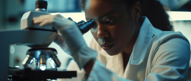 Foto la imagen muestra a un hermoso científico negro usando el microscopio para analizar una muestra de prueba. es un ambicioso joven especialista en biotecnología que utiliza la última tecnología.